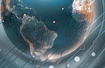 Ciberdiplomacia. Imagen satelital del globo terráqueo destacando América Latina con estilo cibernético