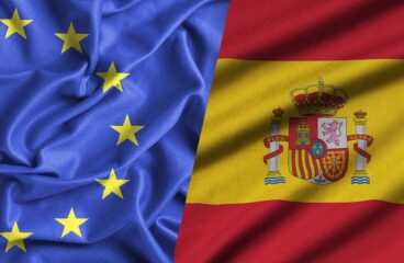 Spain’s presidency of the Council of the EU. Flags of the European Union and Spain