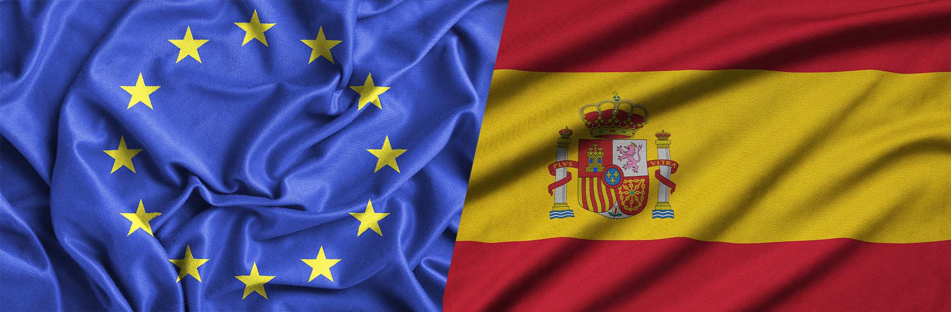 Spain’s presidency of the Council of the EU. Flags of the European Union and Spain