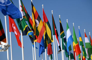 Rusia en África. Banderas de países africanos en sus mástiles durante la Cumbre Rusia-África de 2019 en Sochi (Rusia)