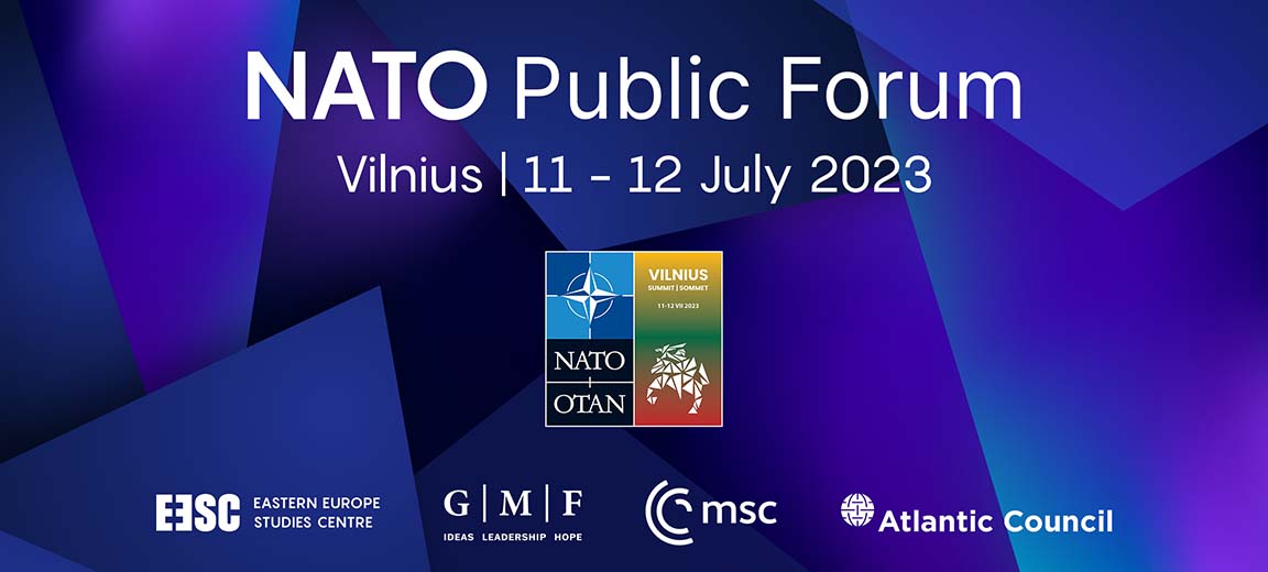 Logo and brand of the 2023 NATO Public Forum in Vilnius, Lithuania