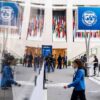 A woman walks past the IMF Today Production box during the 2022 Annual Meetings at the International Monetary Fund (IMF)