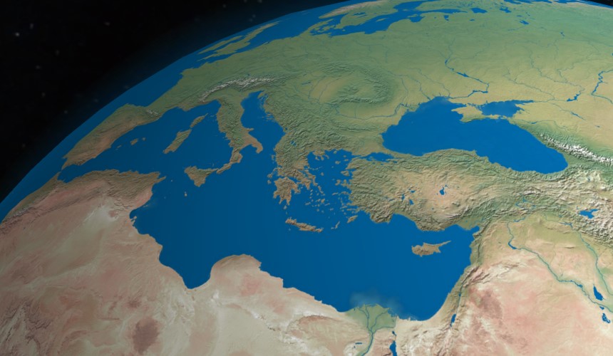 Digital rendering of the satellite view of the Mediterranean Sea. This globe rendering is a screenshot from the Globe Master geography game, shared by the game authors. For the globe texture, Whole world - land and oceans composite image was used, created by NASA/Goddard Space Flight Center (public domain)