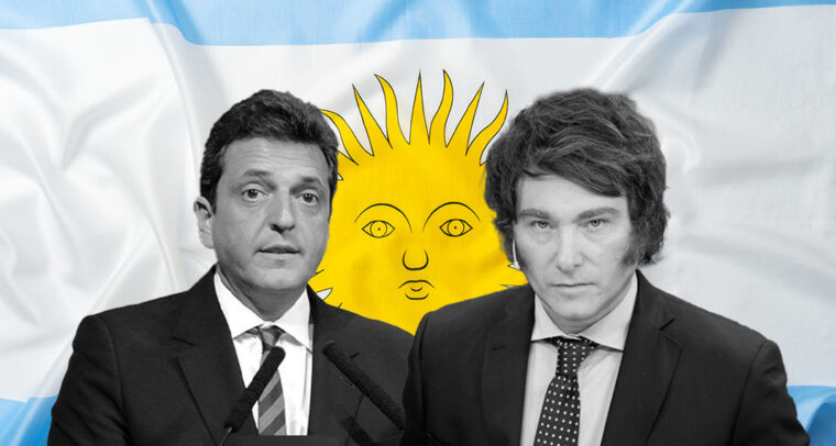 Candidatos presidenciales de Argentina Sergio Massa (Unión por la Patria) y Javier Milei (La Libertad Avanza).