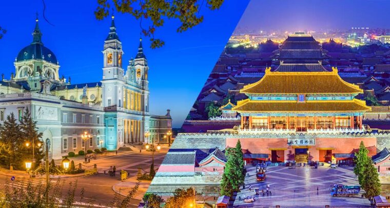 On the left side, the Almudena Cathedral in Madrid, Spain. On the right, the Imperial City of Beijing in China. Spain’s informal China policy