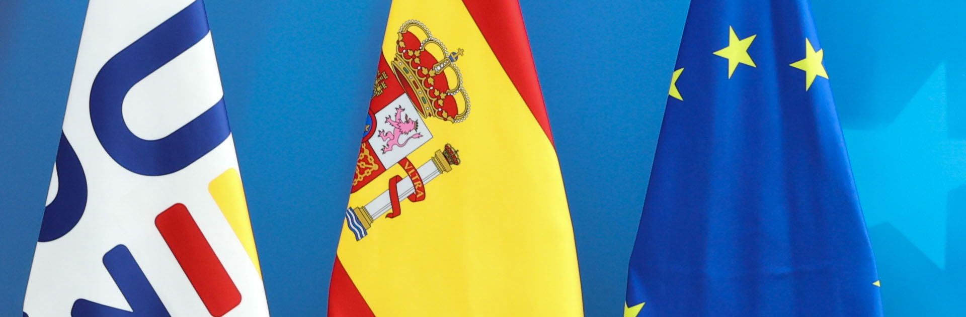 Detail of the Spanish and European Union flags during the inauguration of the decoration of the Spanish Presidency of the Council of the EU on 4 July 2023 in Brussels. European Policy