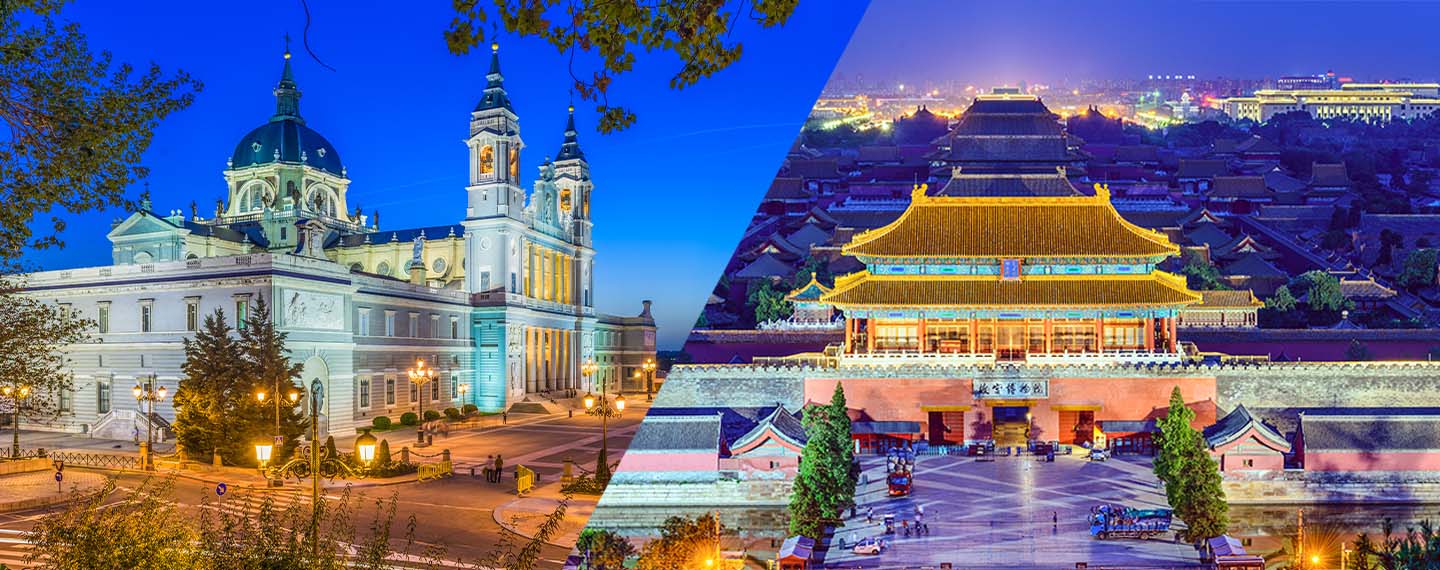 A la izquierda, la Catedral de la Almudena en Madrid, España. A la derecha, la Ciudad Imperial en Pekín, China. La política informal de España hacia China