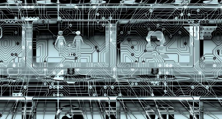 Imagen en blanco y negro con íconos de internet, comunicación, comercio e industria sobre un fondo de circuitos electrónicos integrados y rejillas. Desafío industrial