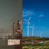 Composed image. On the left, a polluting factory under a blue and white sky in Vienna (Austria). On the right, a wind farm belonging to Copel and Wobben Windpower-Enercon in Palmas (Brazil). Just transition