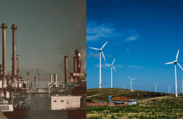 Una imagen compuesta por dos fotos. A la izquierda, una fábrica contaminante en Viena (Austria). A la derecha, un parque eólico de Copel y Wobben Windpower-Enercon en Palmas (Brasil). Transición justa