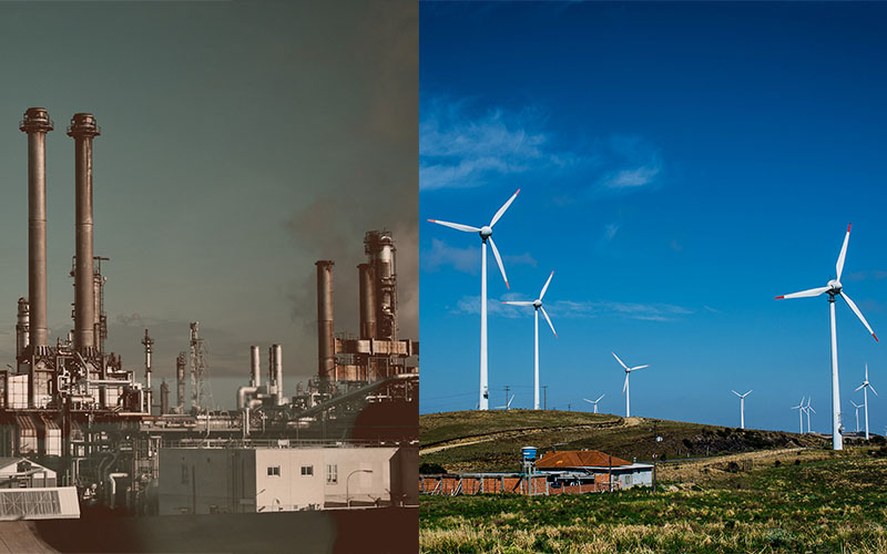 Composed image. On the left, a polluting factory under a blue and white sky in Vienna (Austria). On the right, a wind farm belonging to Copel and Wobben Windpower-Enercon in Palmas (Brazil). Just transition