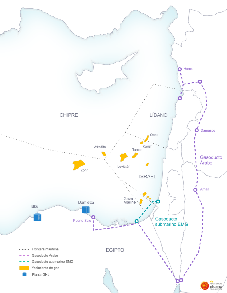 Mapa 1. Infraestructura y yacimientos de gas natural en el Mediterráneo Oriental