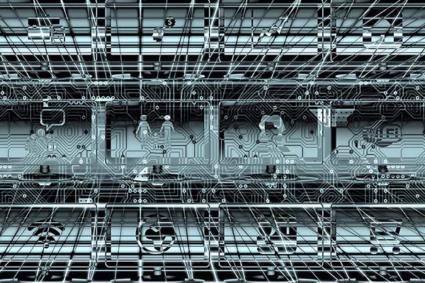 Imagen en blanco y negro con íconos de internet, comunicación, comercio e industria sobre un fondo de circuitos electrónicos integrados y rejillas. Foto: PxHere (CCO Dominio público). UE
