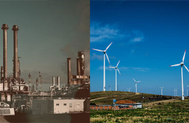 A la izquierda, una fábrica en Viena (Austria). Foto: Ellie Meh (@dellusia). A la derecha, un parque eólico de Copel y Wobben Windpower-Enercon en Palmas (Brasil). Foto: Carla Wosniak (CC BY 4.0 Deed).