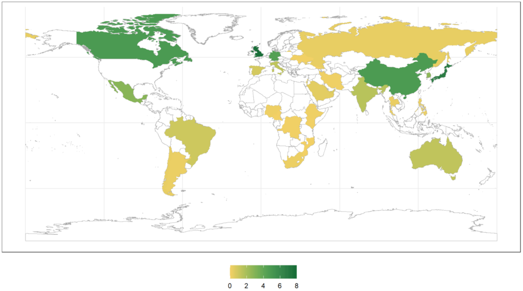 Mapa 1. Distribución geográfica de la presencia global de Estados Unidos (% sobre total), 2022