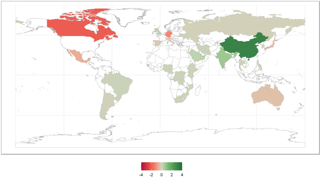 Mapa 2. Variación de la distribución geográfica de la presencia global de Estados Unidos (puntos porcentuales), 2005-2022