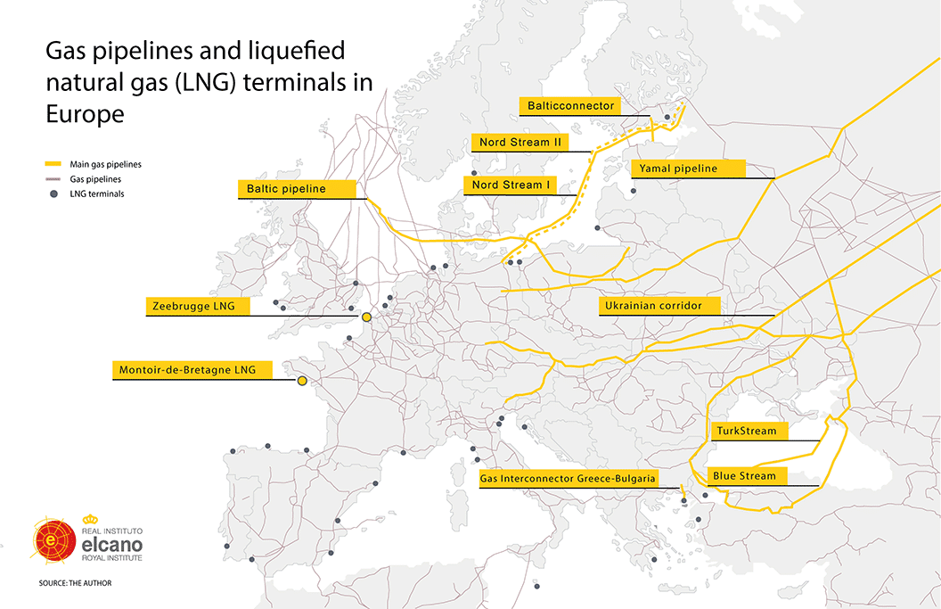 Map o the gas pipelines and liquefied natural gas (LNG) terminals in Europe. Source: the author with data from The European Space Agency