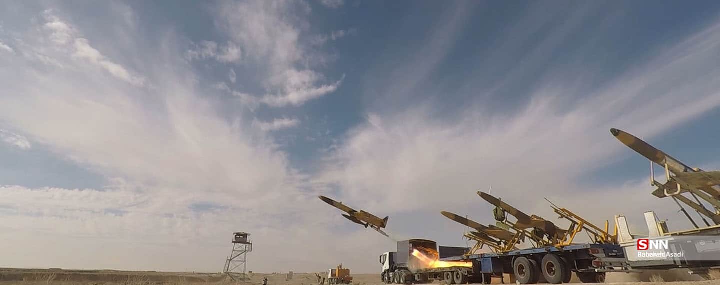 Iranian drone training in the Semnan desert in 2021. Western technologies have been found in Iranian military unmanned aerial vehicles (UAVs), and is an example or illicit technology transfers