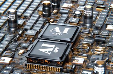 Dos procesadores de unidades de procesamiento gráfico (GPU) con un montón de chips alrededor en una placa base. Inteligencia artificial generativa. Foto: Igor Omilaev (@omilaev)