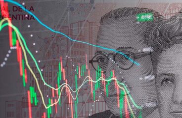 Argentine peso banknote on a background of financial data.