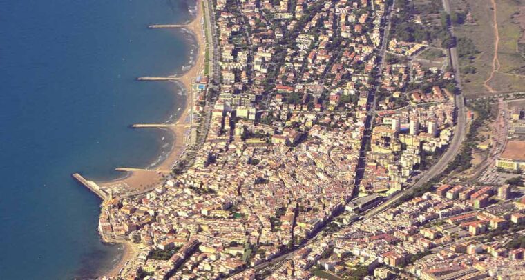 An aerial view of the coastline of Sitges, located at the south of Barcelona.