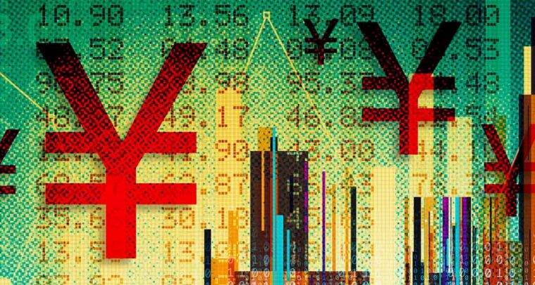 Ilustración financiera digital compuesta con símbolos del yen.