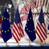 Flags of the European Union and the United States lined up on their masts at the entrance to the European Parliament during a meeting of leaders in 2017. Competitiveness