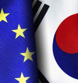 European union and South Korean flags standing side by side