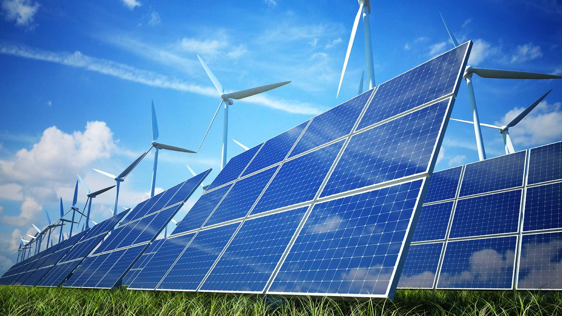 Paneles solares y turbinas eólicas en un parque renovable. Diplomacia energética y climática