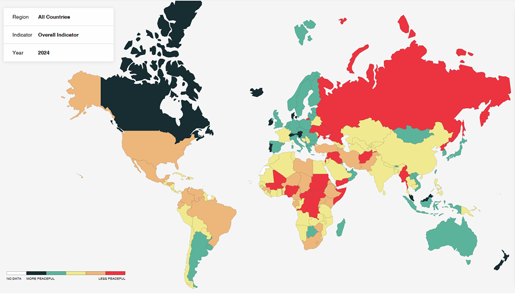 Mapa del Índice de Paz Global 2024 que muestra que existe el riesgo de que se produzca un aumento de los grandes conflictos. Actualmente hay 56 conflictos (el mayor número desde la Segunda Guerra Mundial),  hay 92 países implicados directamente en guerras y en 97 el nivel de la paz se ha deteriorado