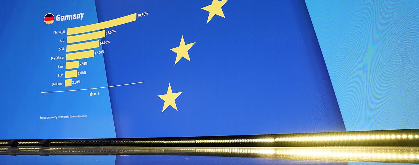 Pantalla con los resultados en Alemania durante la noche de las elecciones al Parlamento Europeo 2024. Fondo de la bandera de la UE, con un gráfico de barras en color amarillo