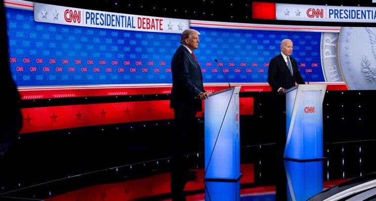 Donald Trump y Joe Biden en el primer debate electoral, 27 de junio de 2024.