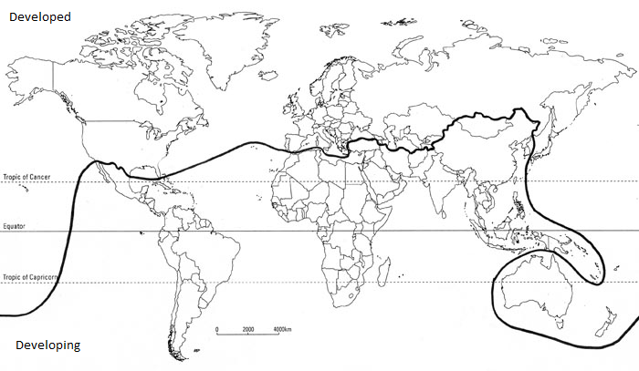 La línea Brandt y la división del mundo en sur pobre y norte rico. Crédito: Jovan.gec (Wikimedia Commons / CC BY-SA 4.0).