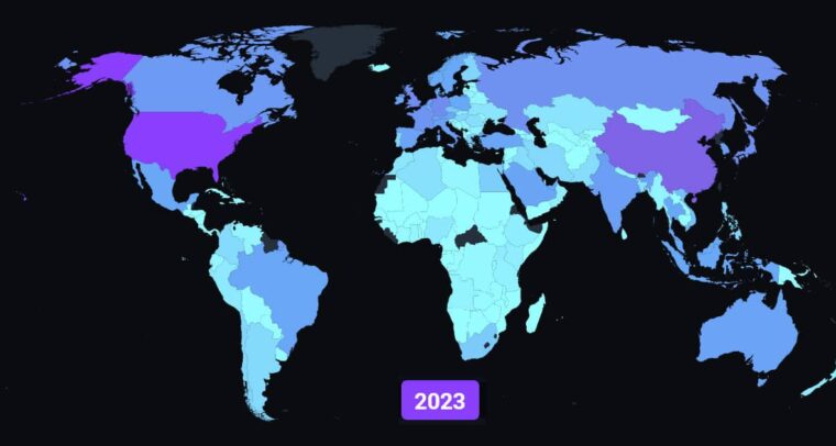 Map of the world according to the Elcano Global Presence Index 2023