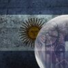 Ilustración de un gráfico de barras y líneas sobre la imagen de la bandera de Argentina con efecto sobre un muro. Plan de estabilización.