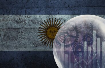 Illustration of a bar and line graph over the image of the flag of Argentina with effect on a wall. Stabilisation plan