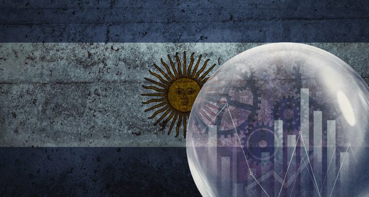 Ilustración de un gráfico de barras y líneas sobre la imagen de la bandera de Argentina con efecto sobre un muro. Plan de estabilización.