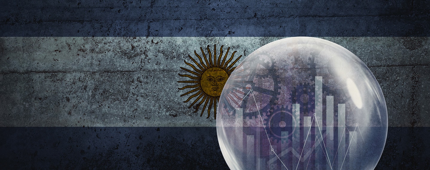 Ilustración de un gráfico de barras y líneas sobre la imagen de la bandera de Argentina con efecto sobre un muro. Plan de estabilización.