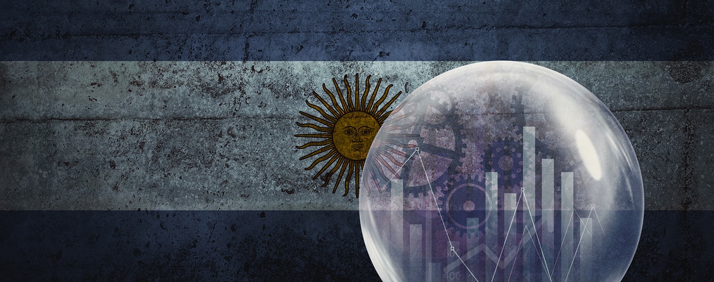 Illustration of a bar and line graph over the image of the flag of Argentina with effect on a wall. Stabilisation plan