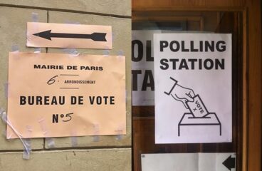 Izda.: señalización a un centro de votación en París, y dcha.: señalización a un centro de votación en Londres. Créditos de las fotos: Lorie Shaull (CC BY 2.0), Ruth Lang (CC BY 2.0). Elecciones