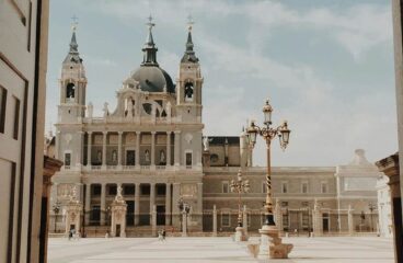 Open door with a view of the Almudena Cathedral. Madrid