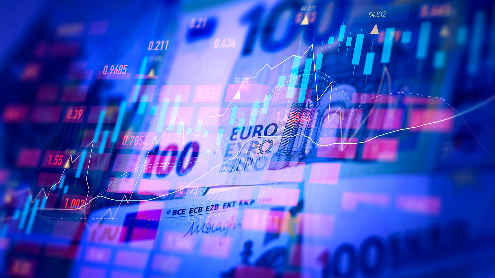 Stock image with a stock chart for currency exchange transparent against a background of 100-euro banknotes