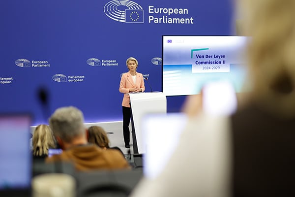 Ursula von der Leyen durante la rueda de prensa sobre la estructura y las carteras propuestas para el Colegio de Comisarios. Foto: Mathieu Cugnot - EC Audiovisual Services / ©European Union, 2024