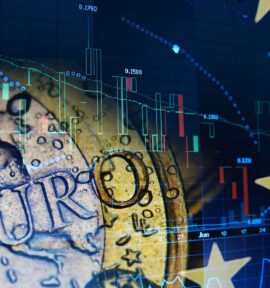 A visual montage featuring an enlarged euro coin combined with stock market charts in shades of blue, green and red, and the yellow stars of the European Union flag.