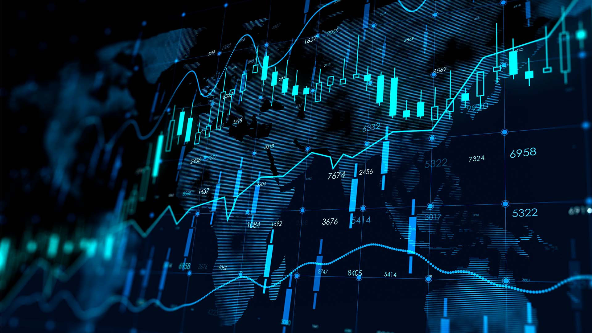 Gráfico digital financiero, con velas y líneas de tendencia en color turquesa y azul sobre un fondo oscurecido de un mapa mundial, representando el análisis de mercados globales