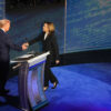 Vice President and Democratic presidential candidate Kamala Harris and former President and Republican presidential candidate Donald Trump shake hands before the presidential debate at the National Constitution Center in Philadelphia, Pennsylvania, 10 September 2024. US Elections