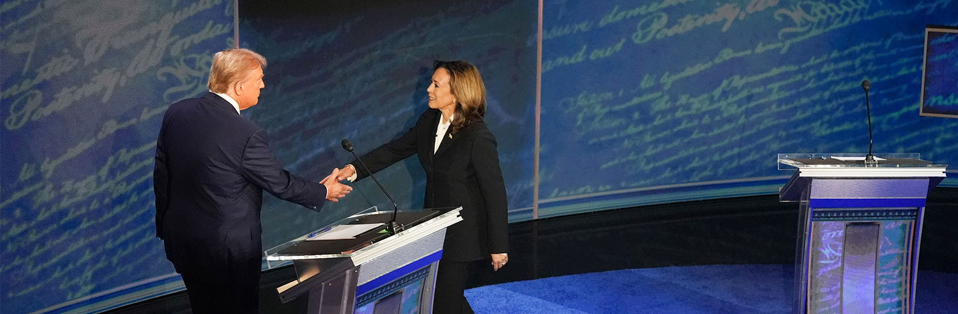 Vice President and Democratic presidential candidate Kamala Harris and former President and Republican presidential candidate Donald Trump shake hands before the presidential debate at the National Constitution Center in Philadelphia, Pennsylvania, 10 September 2024. US Elections