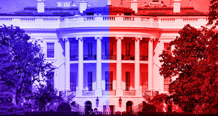 Foto de la fachada sur de la Casa Blanca en Washington D.C. (EEUU) con un efecto de filtro de color azul en la mitad izquierda y color rojo en la mitad derecha. Foto: Doulgas Raising / Getty Images