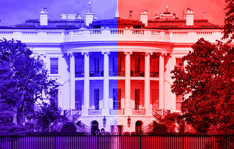 Foto de la fachada sur de la Casa Blanca en Washington D.C. (EEUU) con un efecto de filtro de color azul en la mitad izquierda y color rojo en la mitad derecha. Foto: Doulgas Raising / Getty Images