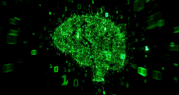 Visualización digital de un cerebro con luces verdes formadas por números binarios flotantes en un fondo oscuro. La imagen representa la inteligencia artificial y el procesamiento de datos. Inteligencia artificial